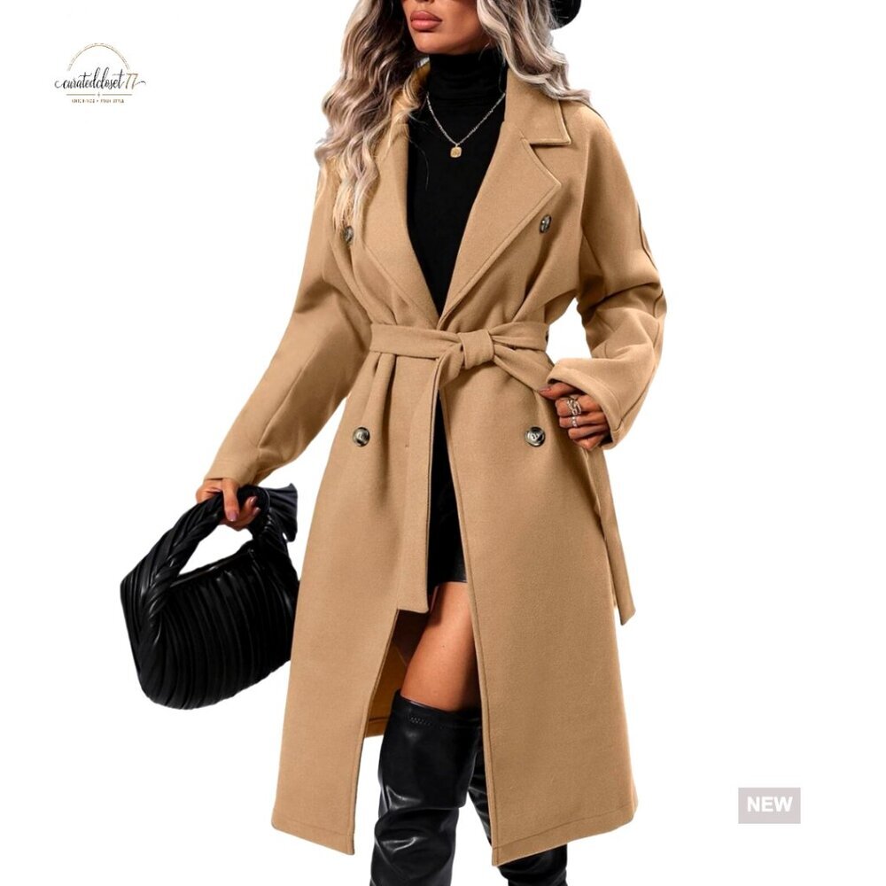 Oversized Wool Blend Pea Coat Classic Trench Double Breasted Notch Lapel